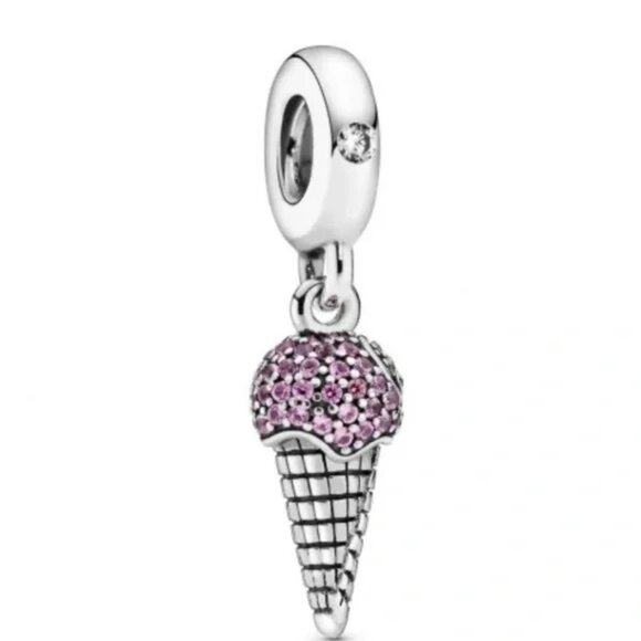 Pandora Ice Cream Cone Pink & Clear Sparkly CZ Dangle Bead Charm - Picture 1 of 4